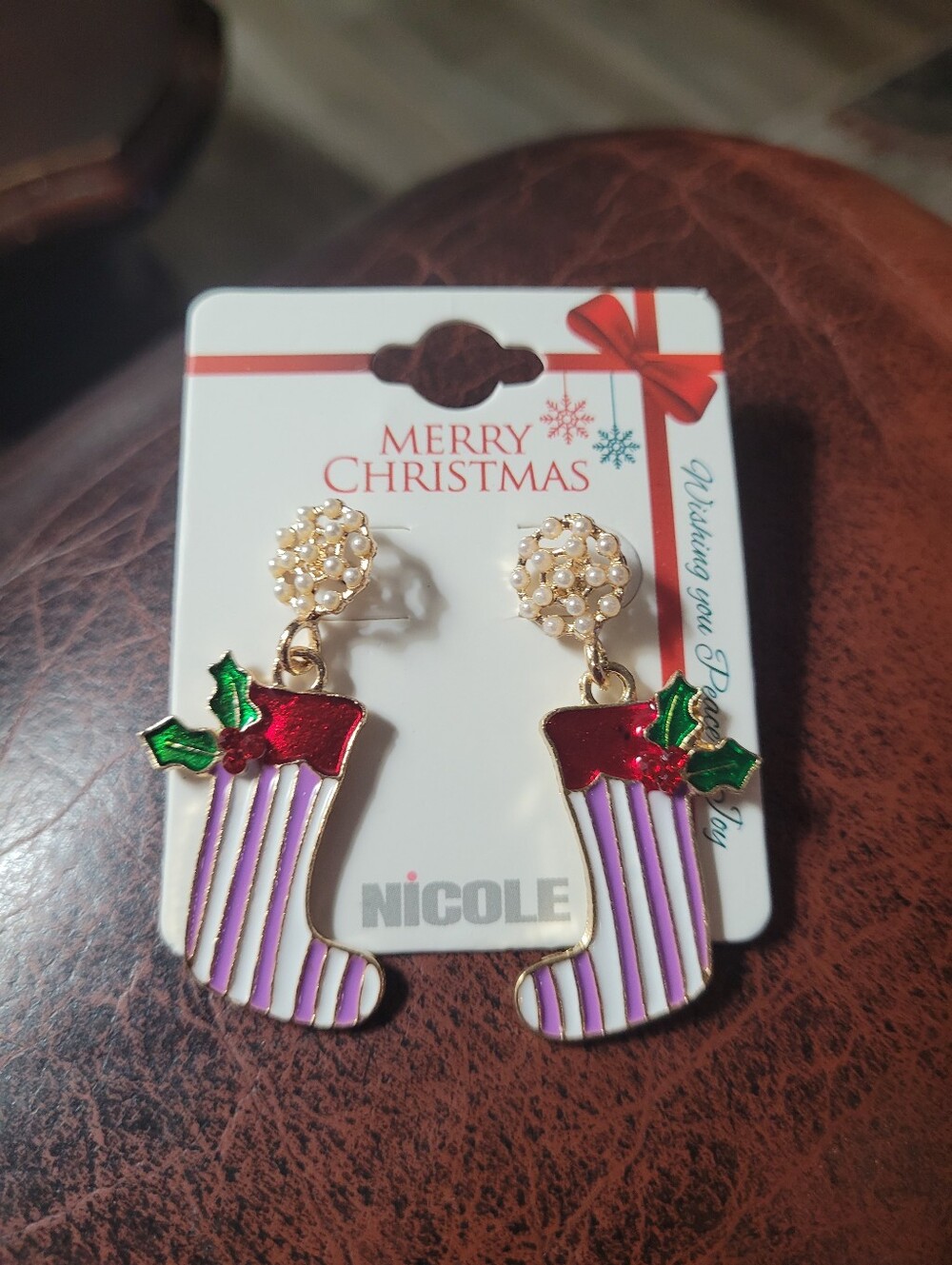 Festive Nicole brand Purple and white striped Christmas stocking Earrings